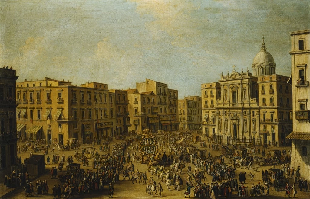 Largo San Ferdinando, Napoli, in occasione del Carnevale con la carrozza reale che si avvicina al Palazzo Reale